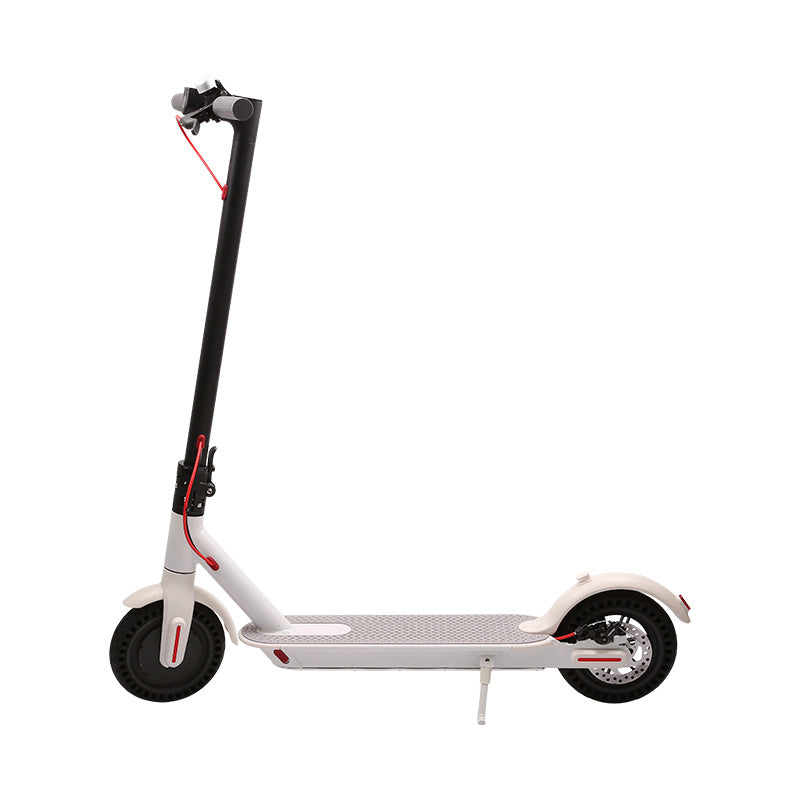 Raee WHOSU J03 PRO Electric Scooter featuring 8.5-inch tires, up to 17/22 miles range, a powerful 350W motor, and a top speed of 19 MPH. Portable, folding design for commuting adults with a double braking system and a dedicated app for enhanced control and monitoring.