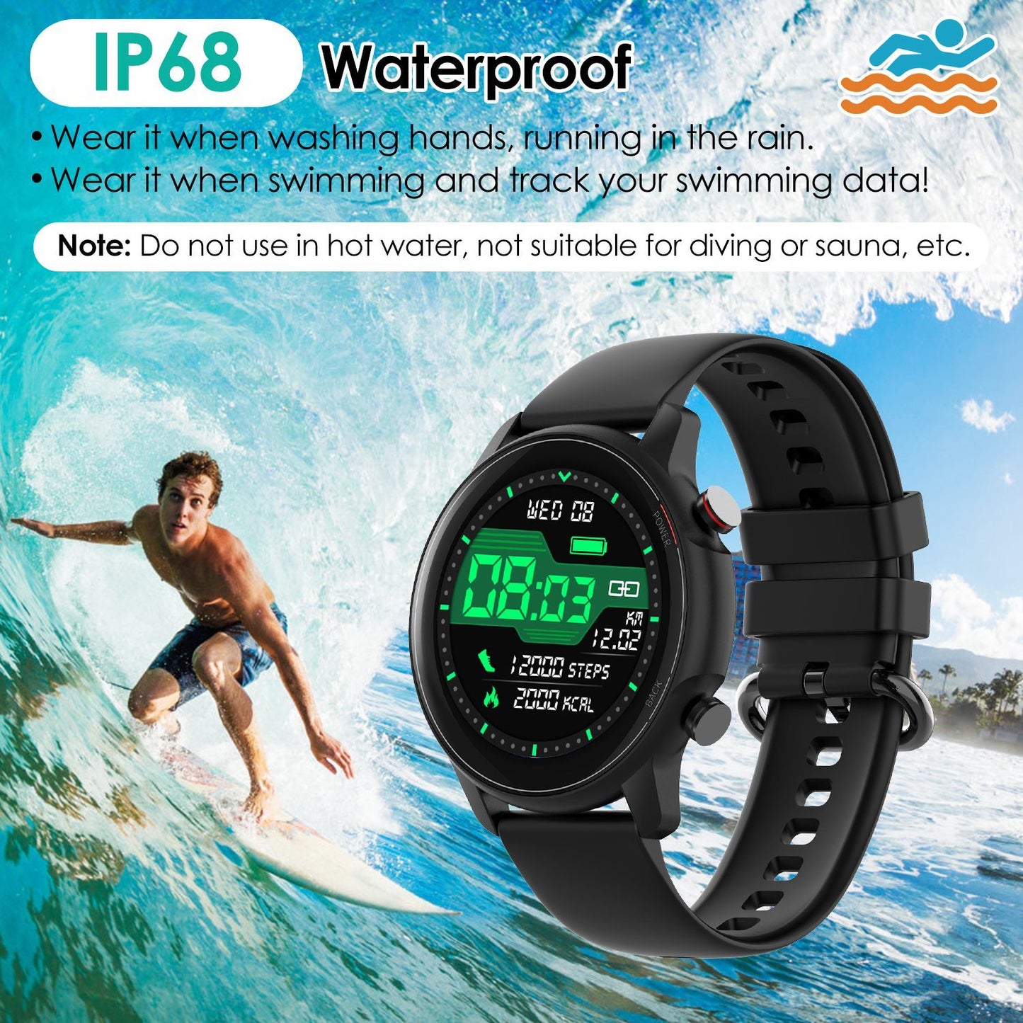 Waterproof, heart rate blood pressure, fitness tracker, Bluetooth smart watches.  Raee Industries