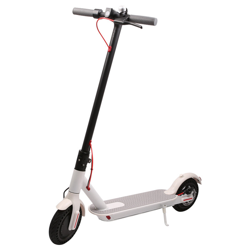 Raee WHOSU J03 PRO Electric Scooter featuring 8.5-inch tires, up to 17/22 miles range, a powerful 350W motor, and a top speed of 19 MPH. Portable, folding design for commuting adults with a double braking system and a dedicated app for enhanced control and monitoring.