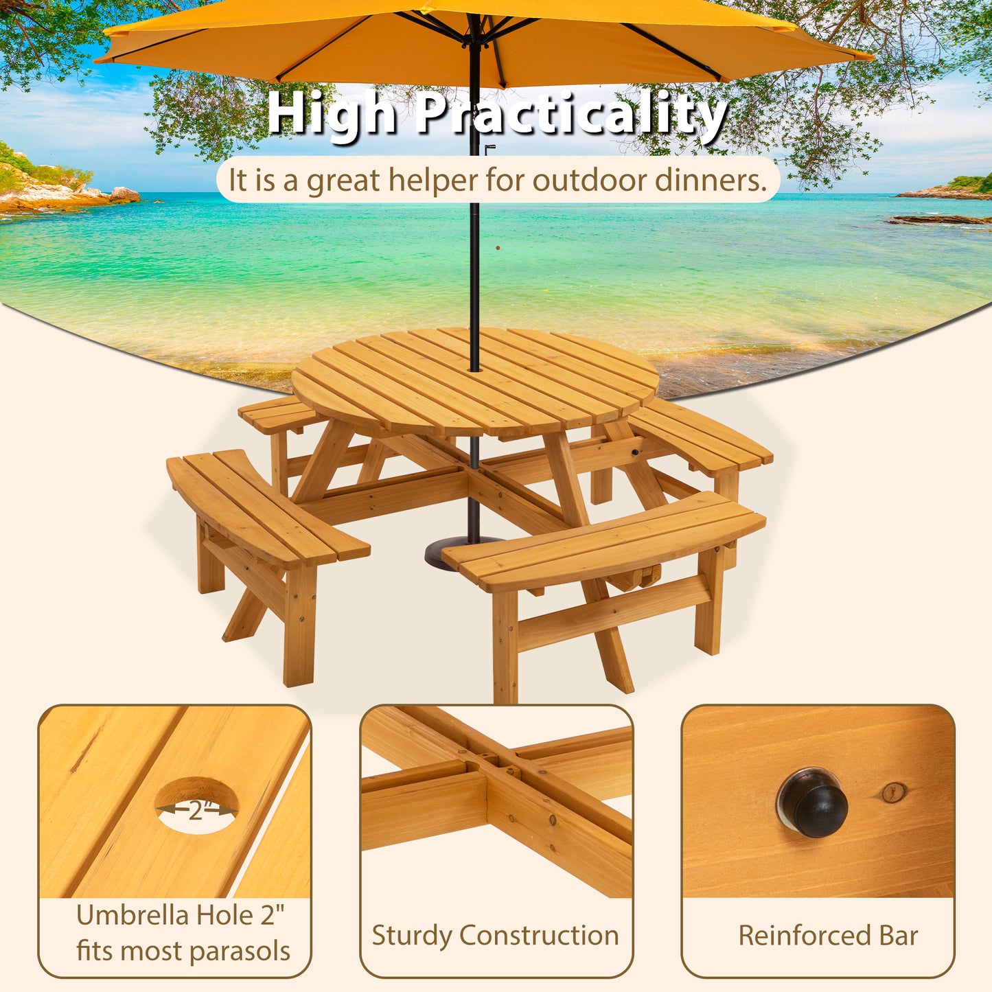 Circular Outdoor Wooden Picnic Table with Built-in Benches for Patio Backyard Garden; DIY; 1720lb Capacity; Natural/Gray