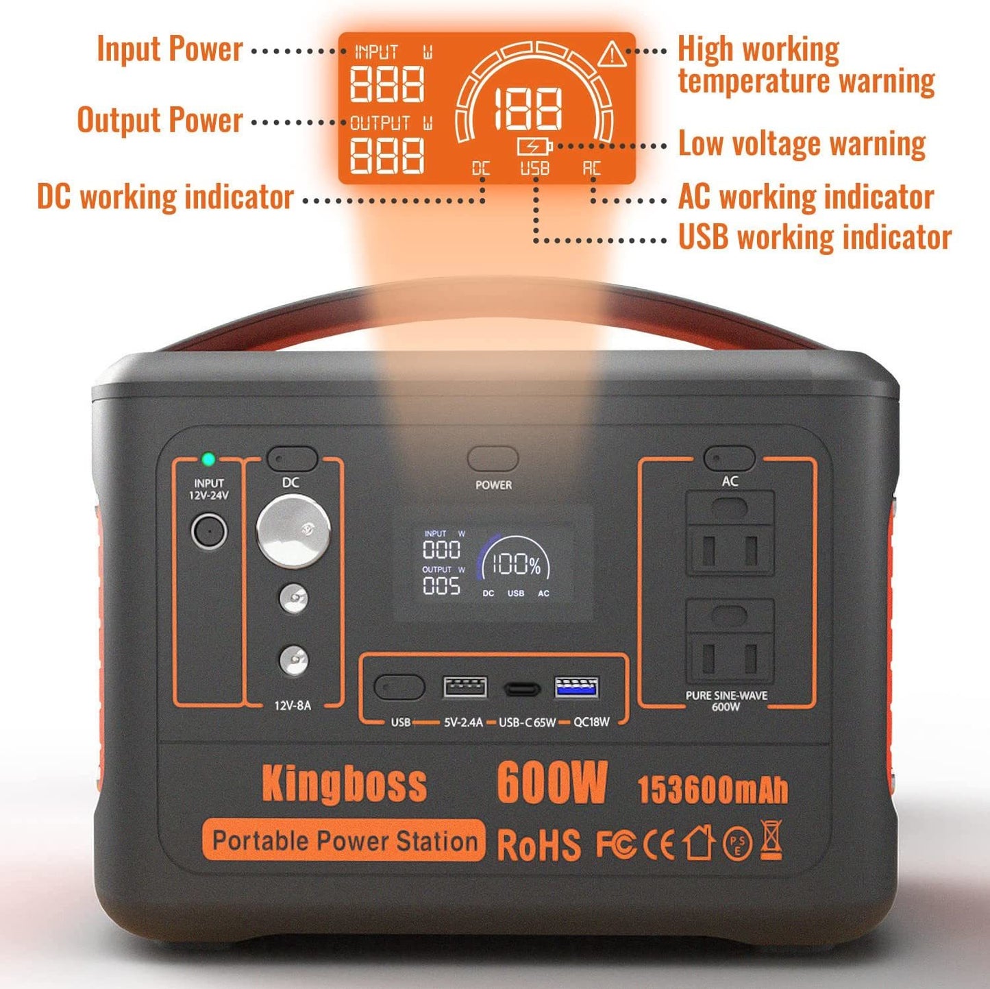 Solar Generator Portable Power Station 600W (Peak 1200W) Kingboss;  153600mAh 568WH;  Lithium Battery 110V/600W;  AC Outlet;  2*DC Carport;  2*USB-C;  QC USB 3.0;  Camping Power bank;  Outdoor Indoor