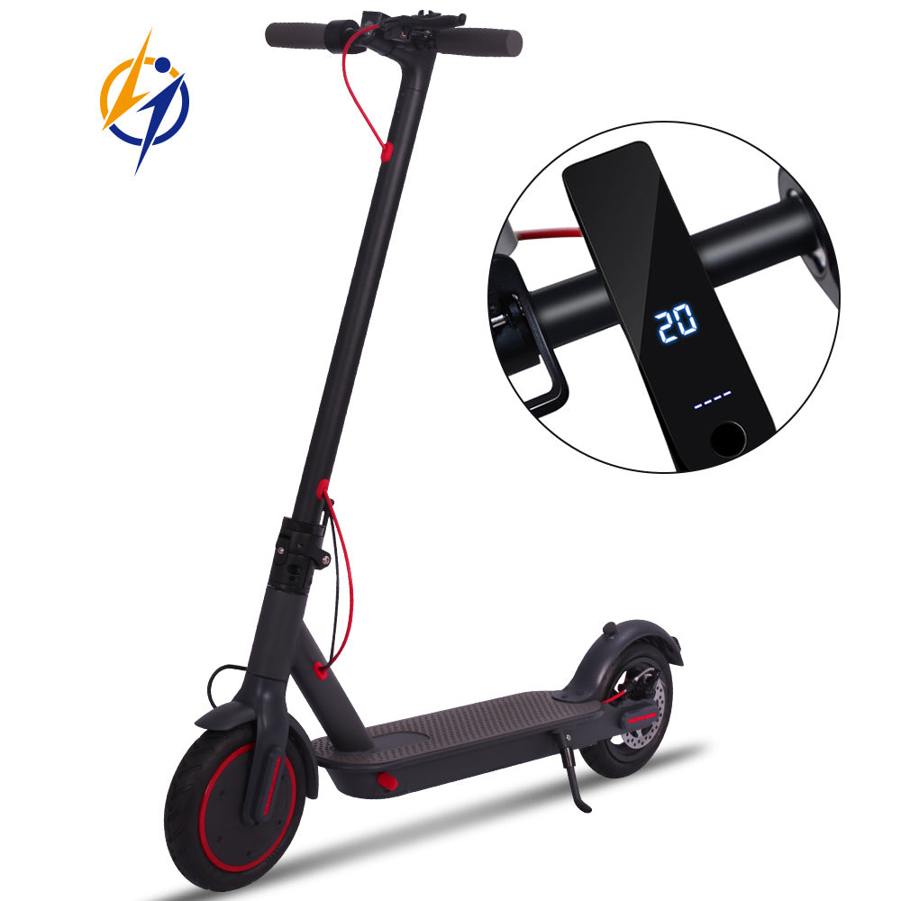 Raee WHOSU J03 PRO Electric Scooter featuring 8.5-inch tires, up to 17/22 miles range, a powerful 350W motor, and a top speed of 19 MPH. Portable, folding design for commuting adults with a double braking system and a dedicated app for enhanced control and monitoring.