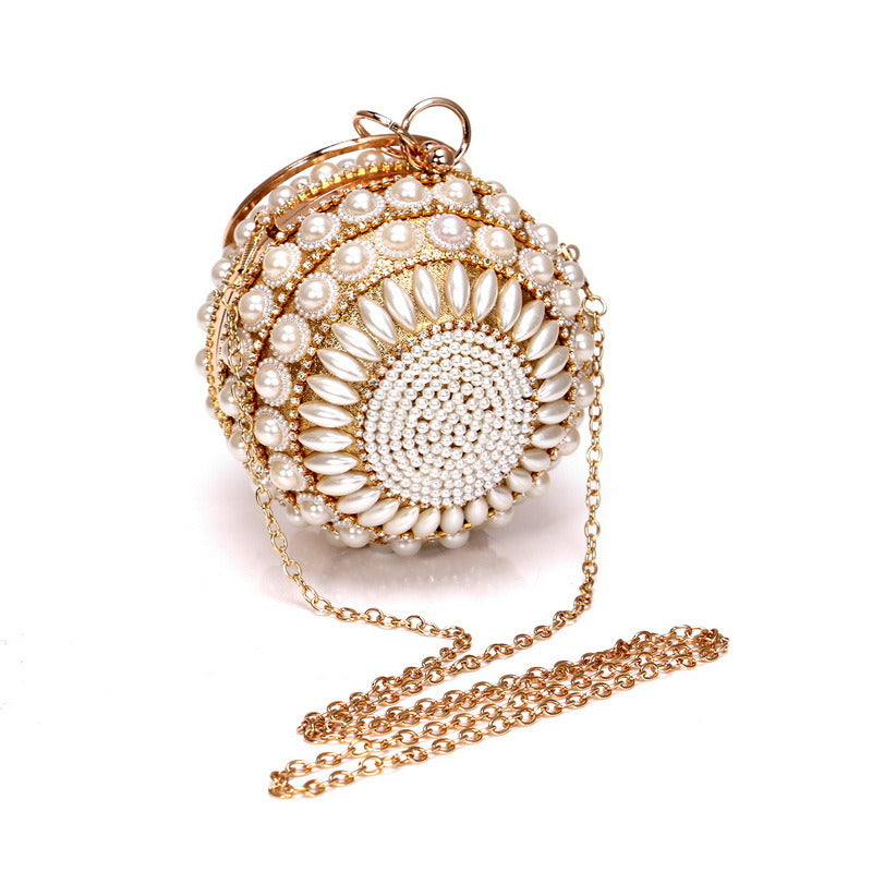 Round Evening Bag Clutch Ladies Metal Bag Women's Party Handbag Pearl Decoration