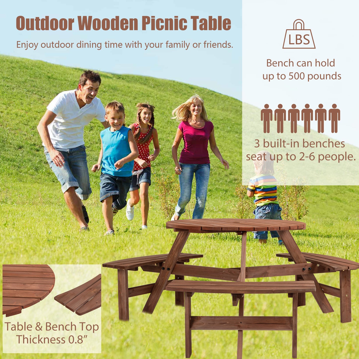 Circular Outdoor Wooden Picnic Table with Built-in Benches for Patio Backyard Garden; DIY; 1720lb Capacity; Natural/Gray