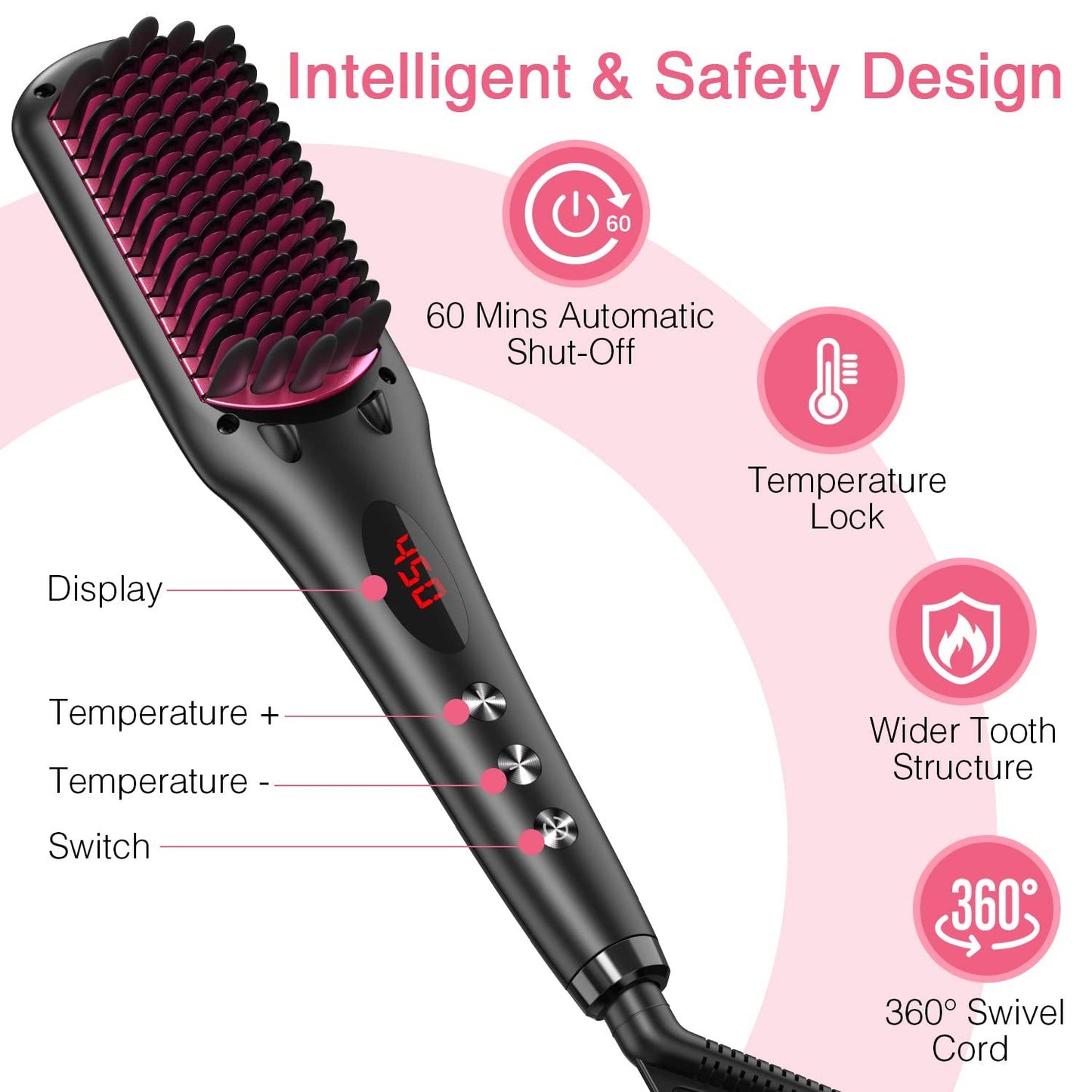 Enhanced Hair Straightener Brush by MiroPure, 2-in-1 Ionic Straightening Brush with Anti-Scald Feature, Auto Temperature Lock & Auto-Off Function (Black)