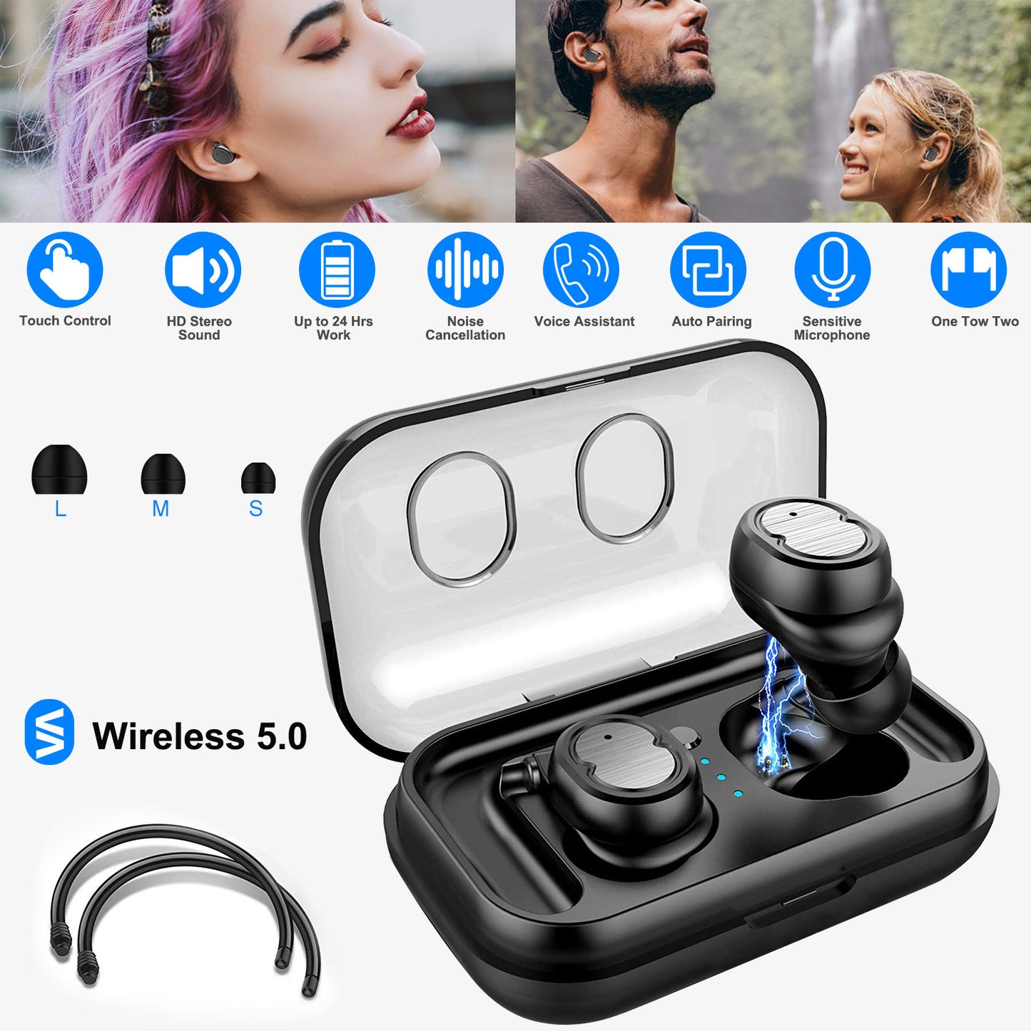 TWS Wireless 5.0 Earbuds IPX4 Touch In-Ear Stereo Earphone Noise Canceling Earpieces 32.8 ft Transmission Range