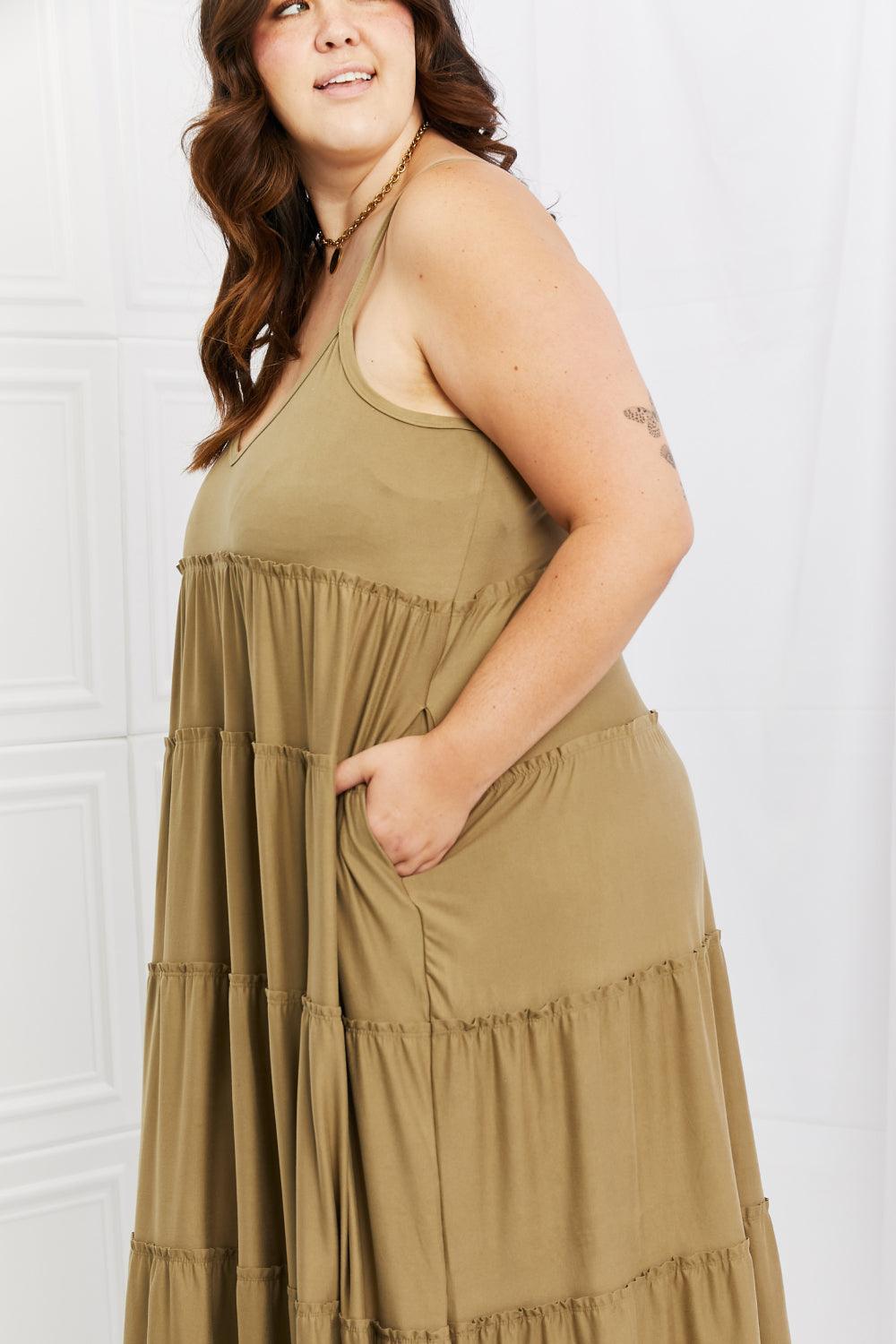 Zenana Full Size Spaghetti Strap Tiered Dress with Pockets in Khaki - Raee-Industries