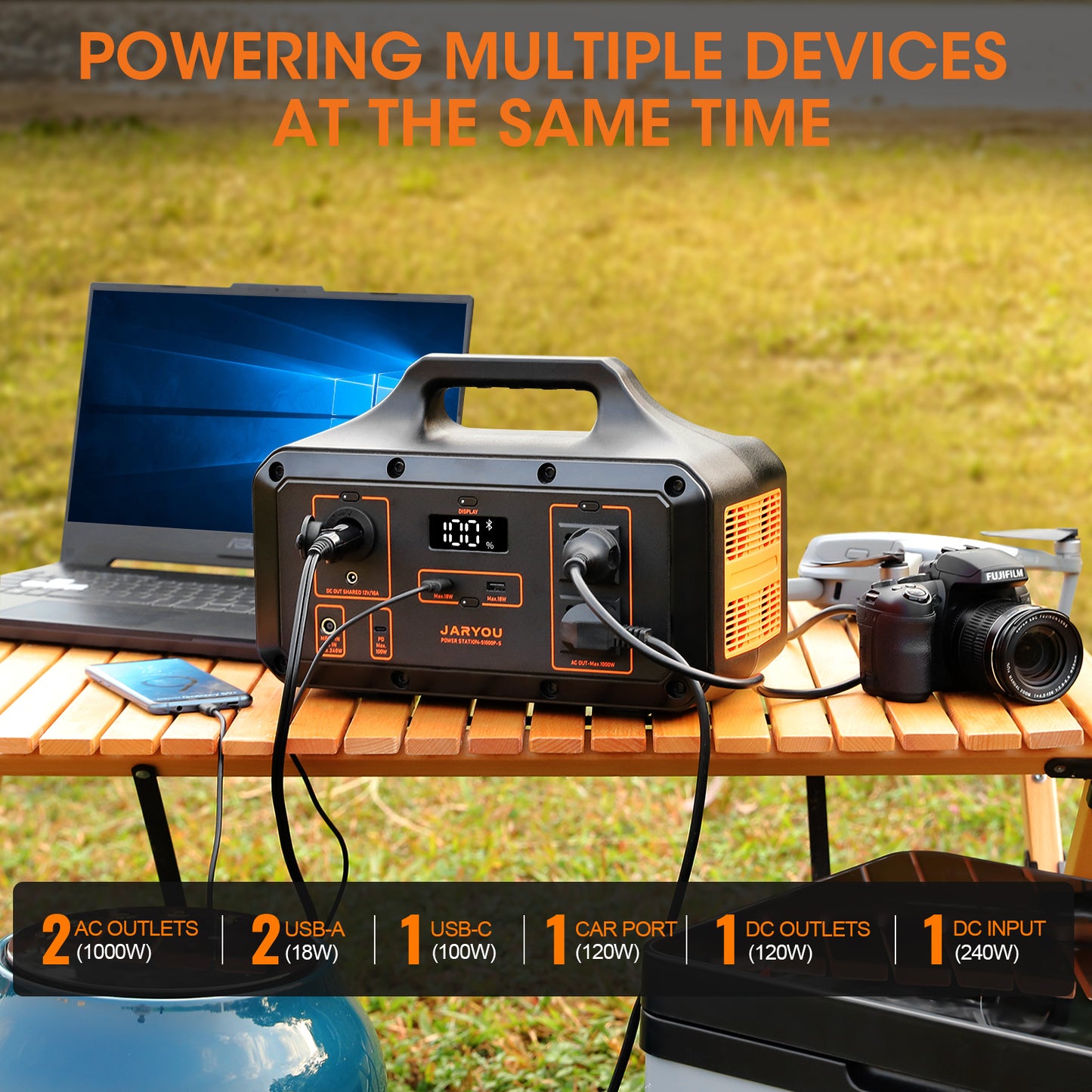 Portable Power Station Jaryou S1000P-S,1021Wh Solar Generator(Peak 2000W),276000 mAh Ternary Lithium Battery,With 2x110V/1000W AC Outlets,240W DC Input, PD100W Port For Outdoor Camping,Home Emergency