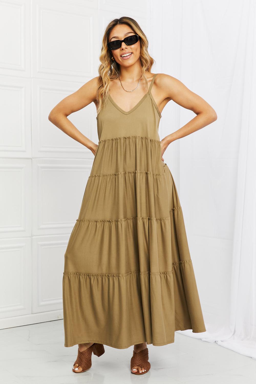 Zenana Full Size Spaghetti Strap Tiered Dress with Pockets in Khaki - Raee-Industries