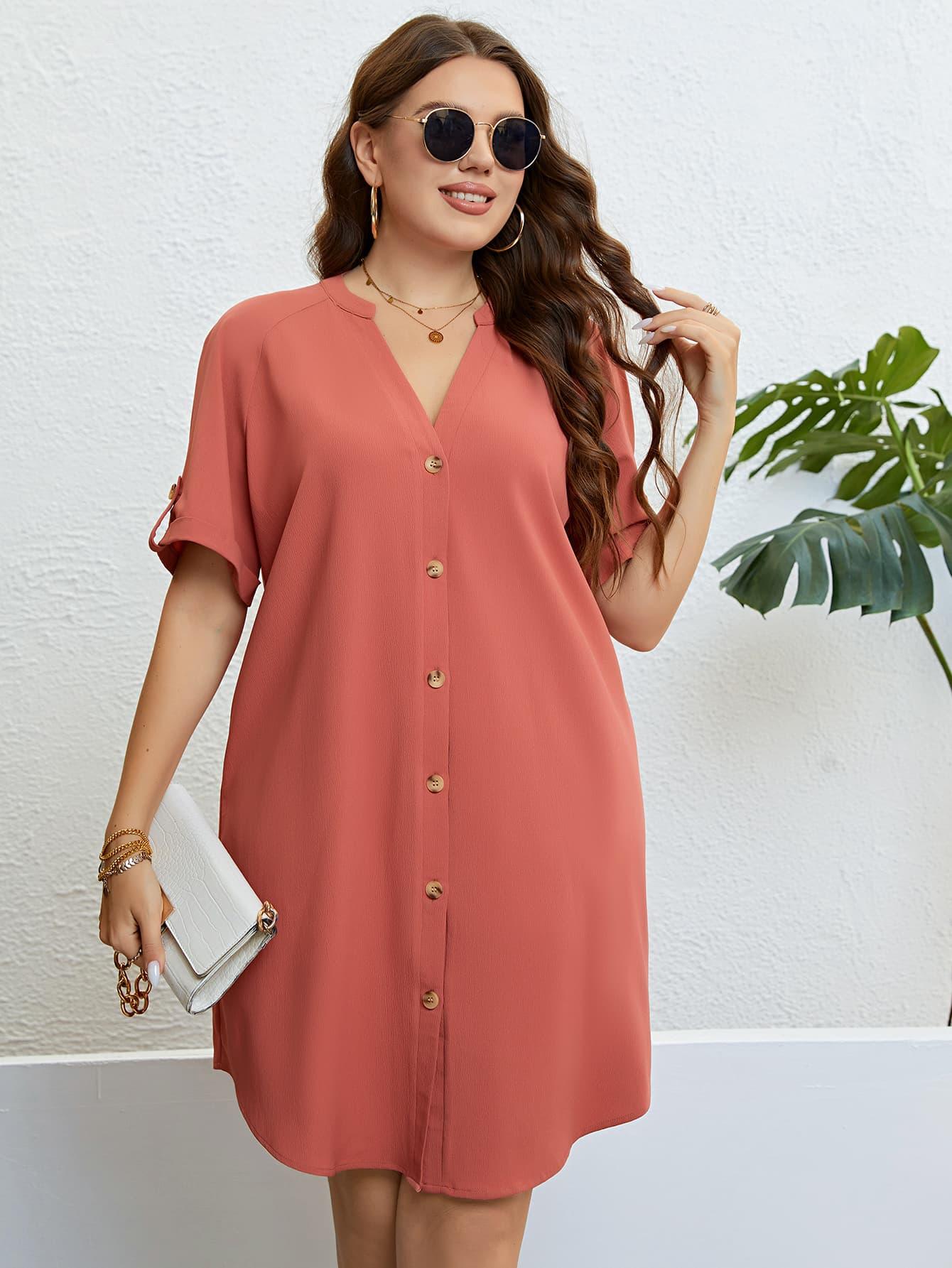 Plus Size Buttoned Notched Neck Shift Dress - Raee-Industries