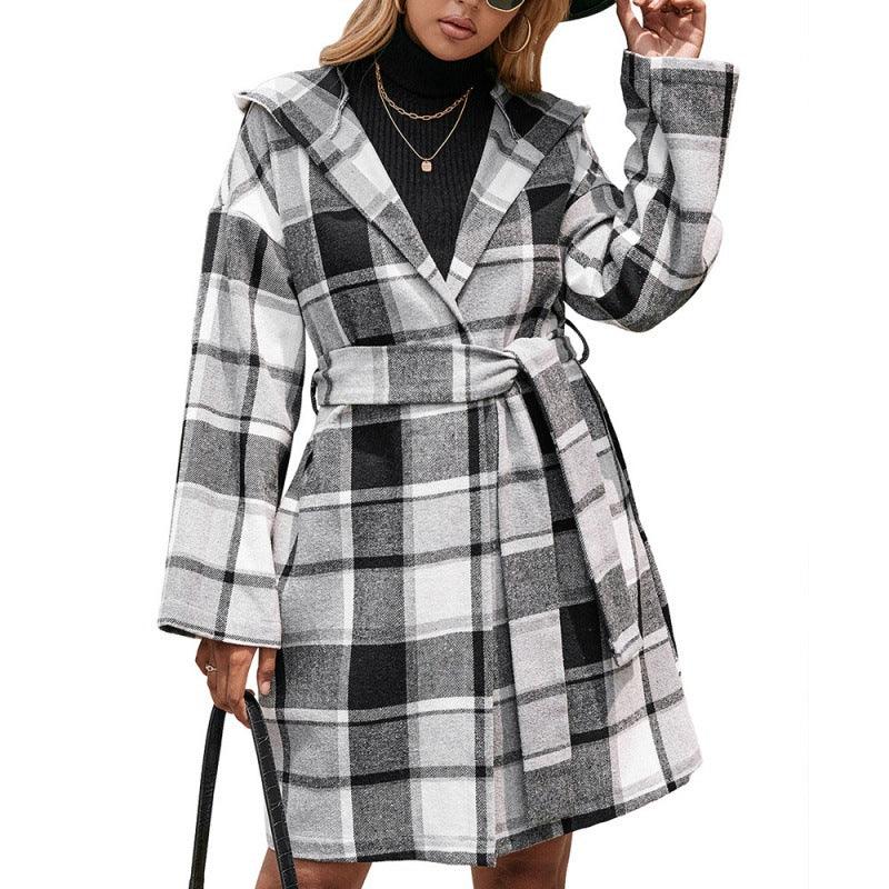 Loose Casual Plaid Mid-length Belted Hood - Raee-Industries