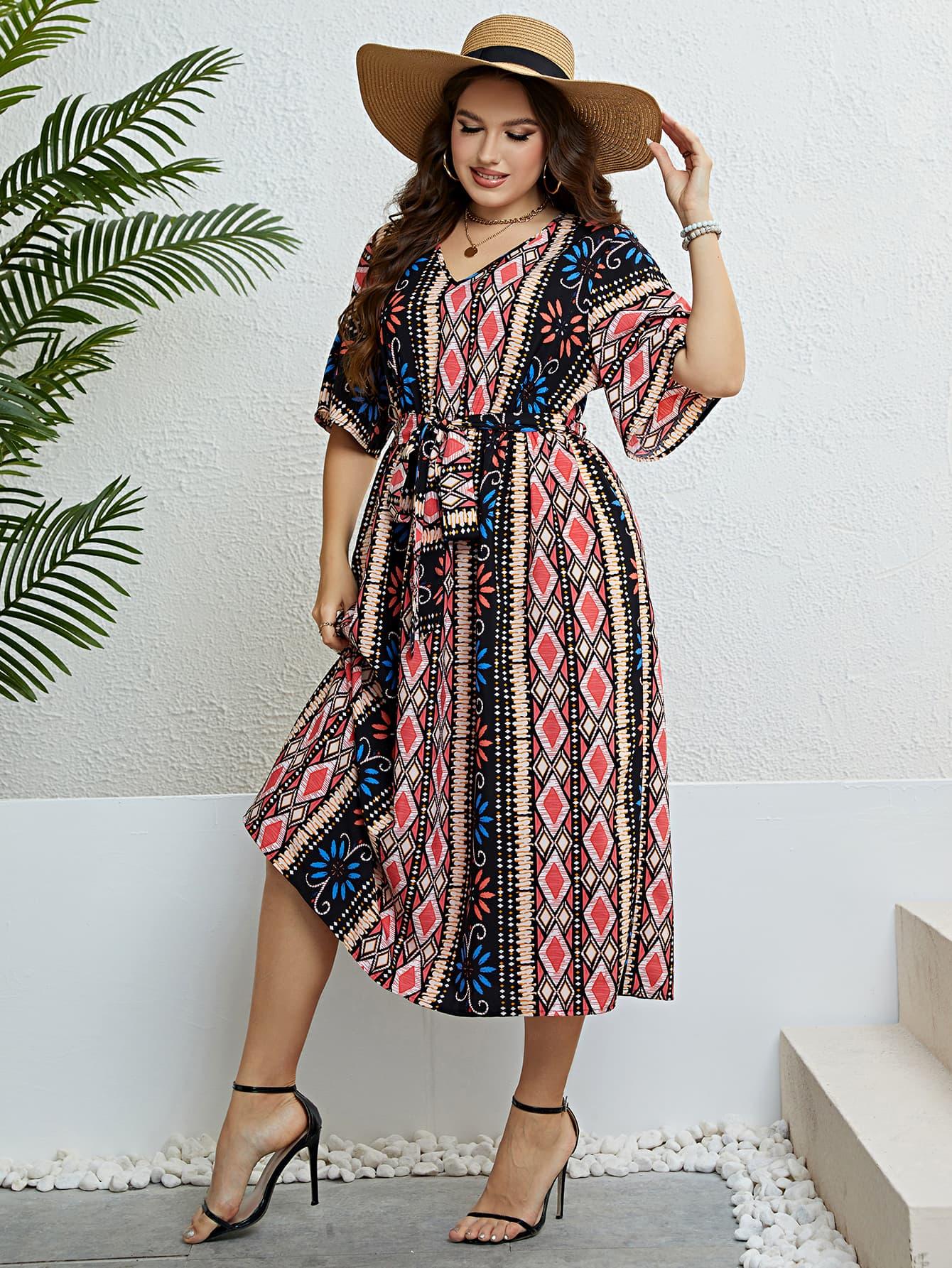 Plus Size Bohemian V-Neck Tie Belt Midi Dress - Raee-Industries