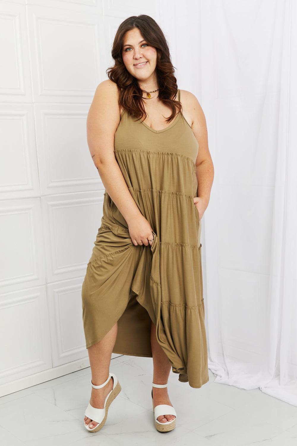 Zenana Full Size Spaghetti Strap Tiered Dress with Pockets in Khaki - Raee-Industries