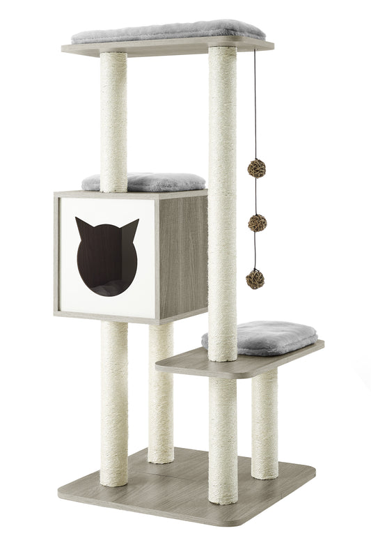 Elegant Wooden Modern Cat Tree Cat Condo Multi-Level Towers Cat Activity Tower with Scratching Posts, with Removable and Washable Mats (High Tower)