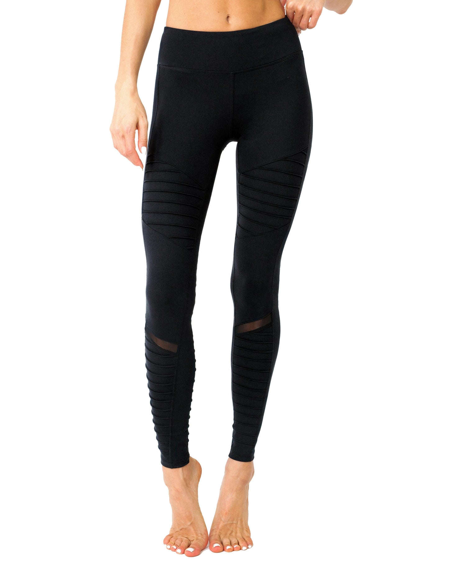 Athletique Low-Waisted Ribbed Leggings With Hidden Pocket and Mesh Panels - Black - Raee-Industries