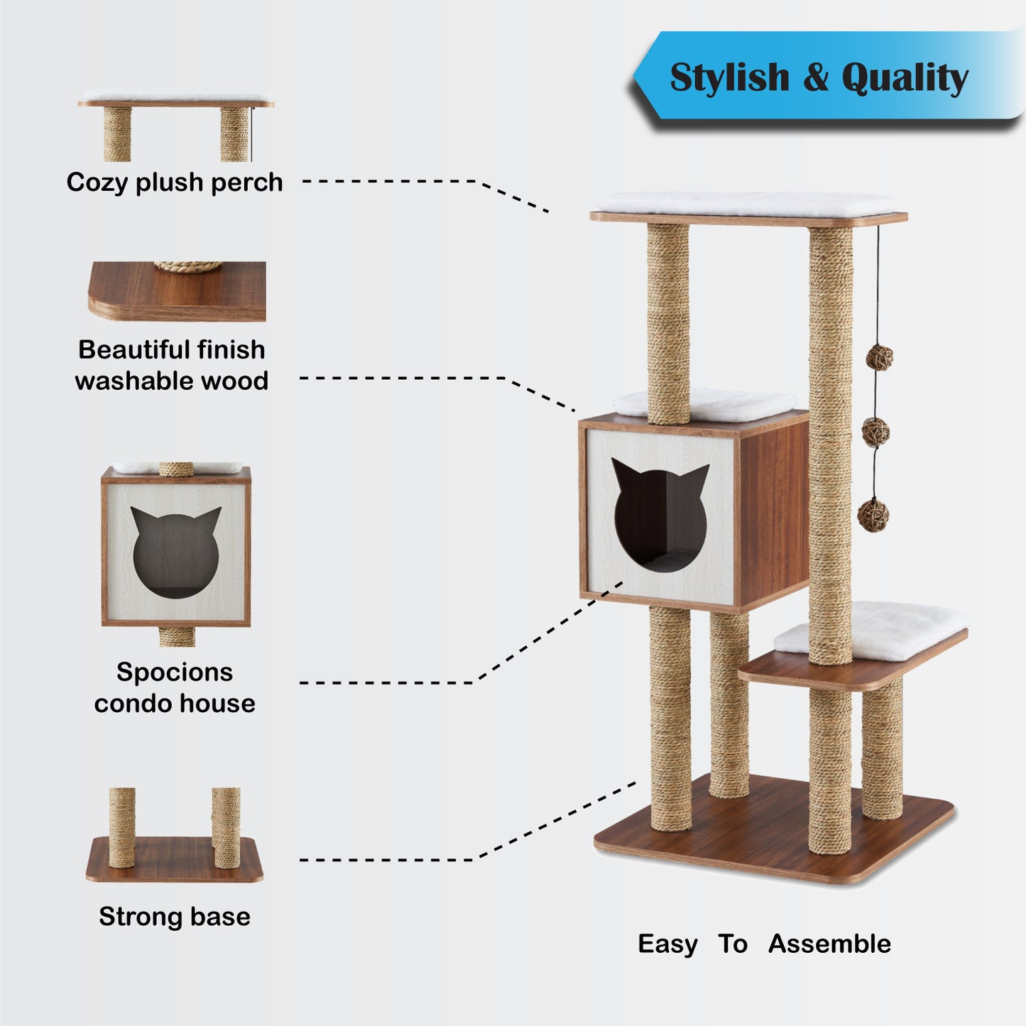 Elegant Wooden Modern Cat Tree Cat Condo Multi-Level Towers Cat Activity Tower with Scratching Posts, with Removable and Washable Mats (High Tower)