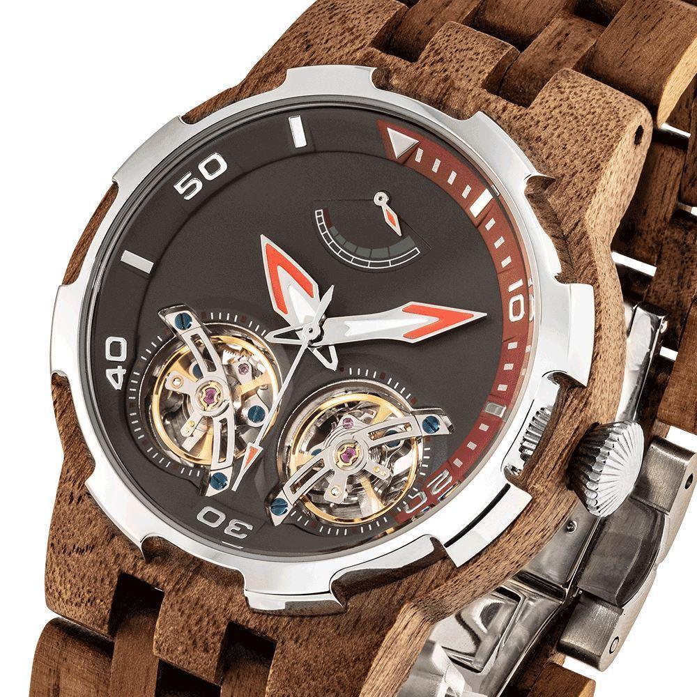 Men's Dual Wheel Automatic Walnut Wood Watch - For High End Watch Collectors - Raee-Industries